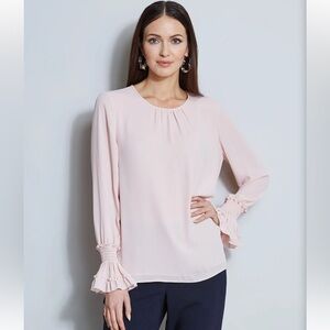 T Tahari Women's Ruffle Cuff long Sleeve Blouse Pale Pink SZ SP